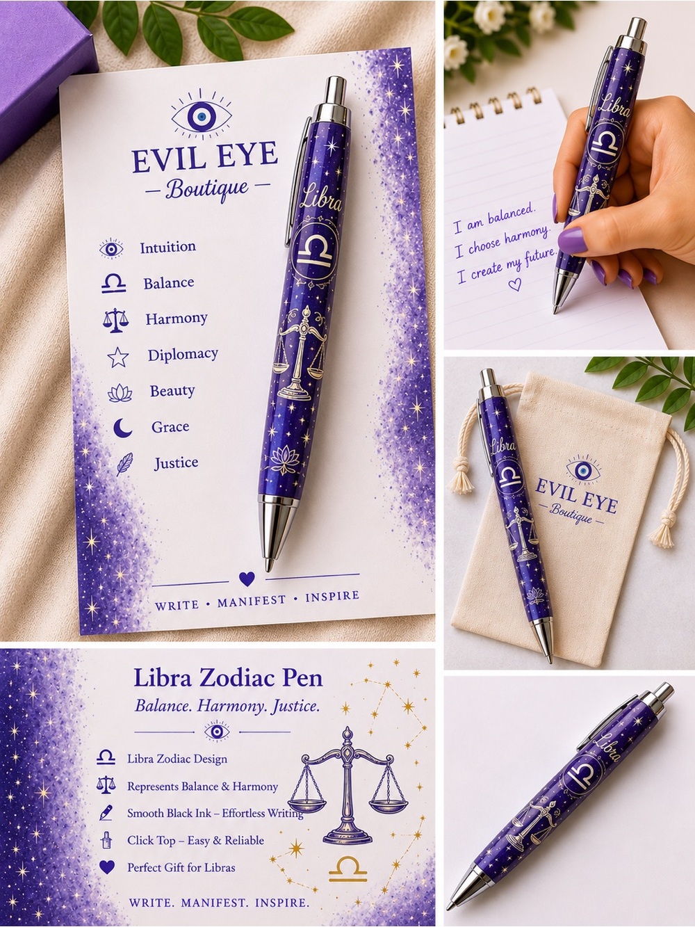 Libra Zodiac Pen - Purple Galaxy Design
